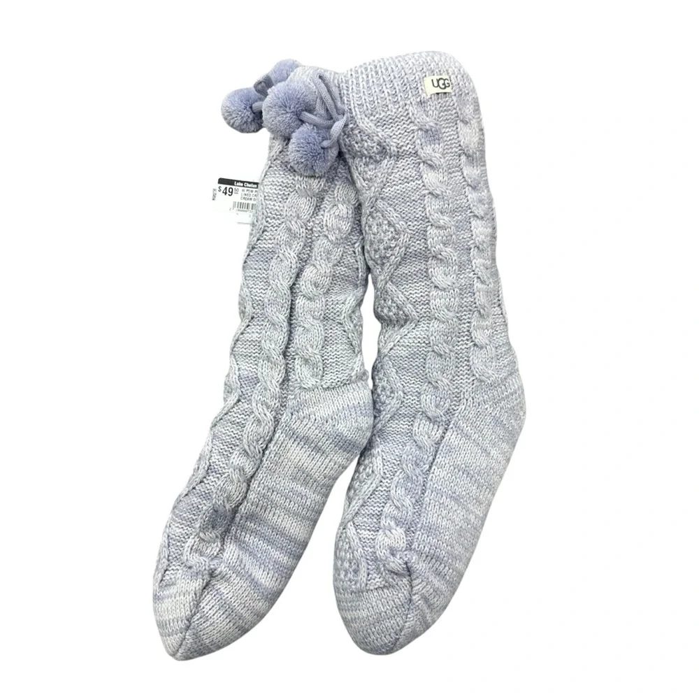UGG Pom Pom Fleece Lined‎ Crew Socks Purple Gray NWT Size 9-11